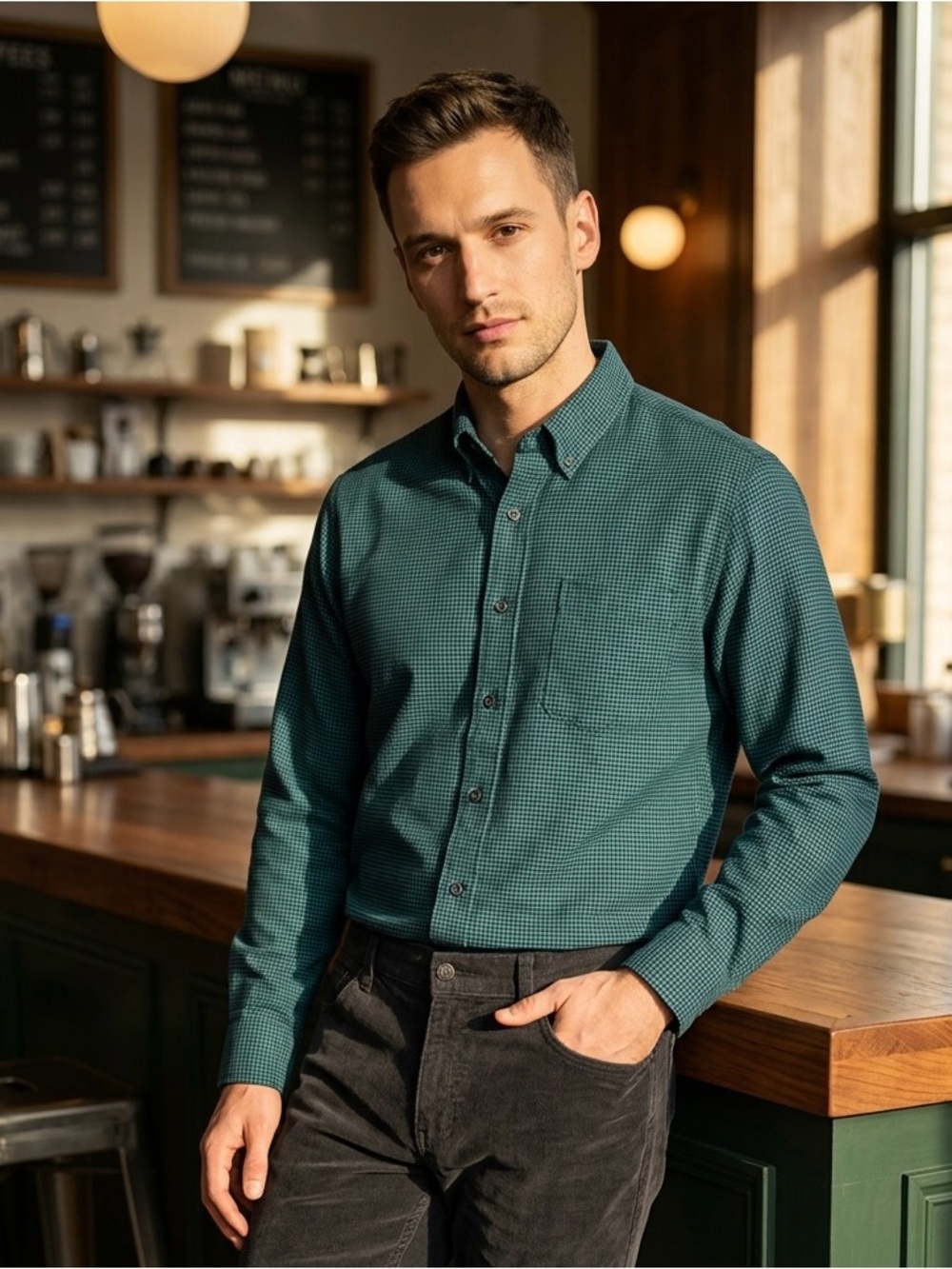 L.L. Bean Green Check Button-Down Shirt